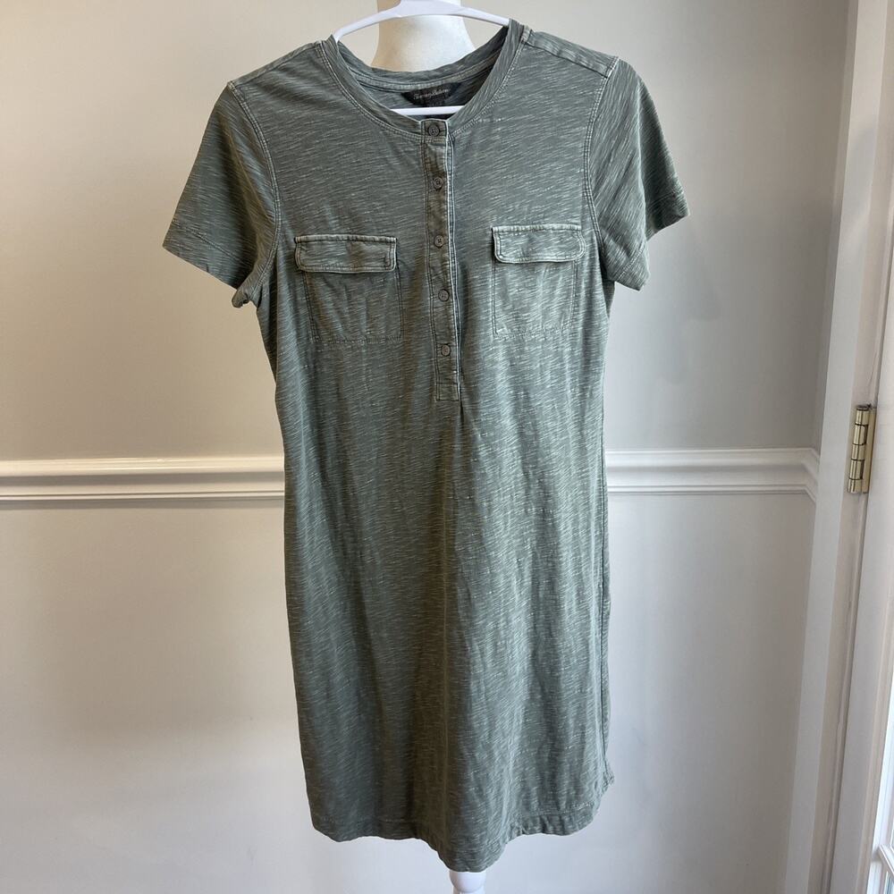 Tommy Bahama Women XS Short Sleeve Dress Green Cotton Slub Knit Crew Utility